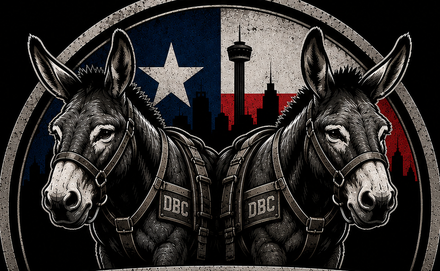 Dos Burros Concrete — two donkeys, Texas flag, and San Antonio skyline emblem